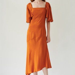 Phoenix Orange Midi Dress With Pleated Sleeves